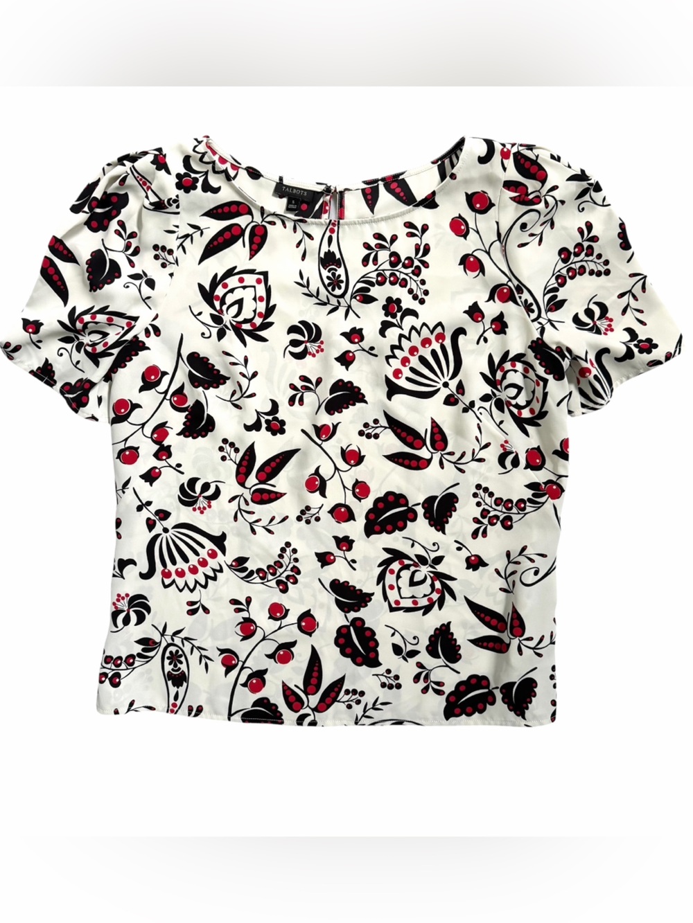 Talbots Short-Sleeved Floral Blouse Women’s Small White Black Red Office Top